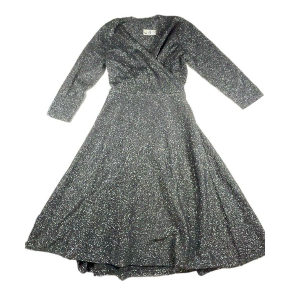 Talbots Merino Wool Silver Sparkle Black Midi Wrap Dress M